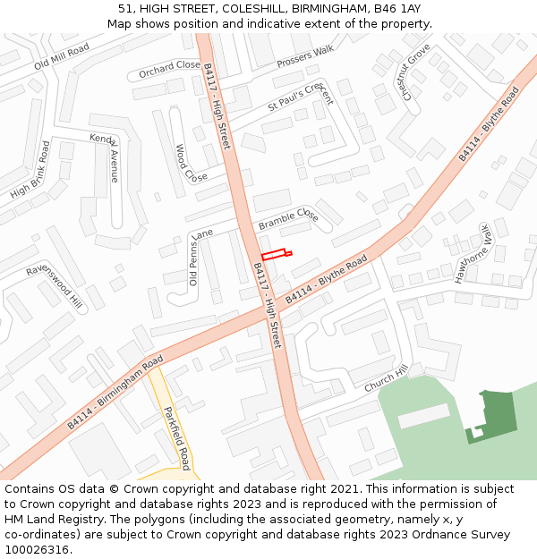 51, HIGH STREET, COLESHILL, BIRMINGHAM, B46 1AY: Location map and indicative extent of plot
