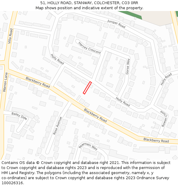 51, HOLLY ROAD, STANWAY, COLCHESTER, CO3 0RR: Location map and indicative extent of plot