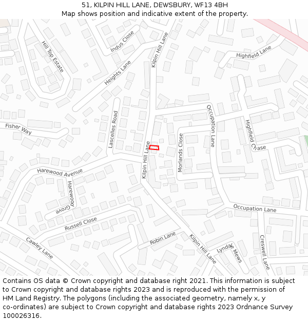 51, KILPIN HILL LANE, DEWSBURY, WF13 4BH: Location map and indicative extent of plot