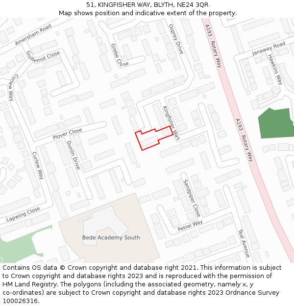 51, KINGFISHER WAY, BLYTH, NE24 3QR: Location map and indicative extent of plot
