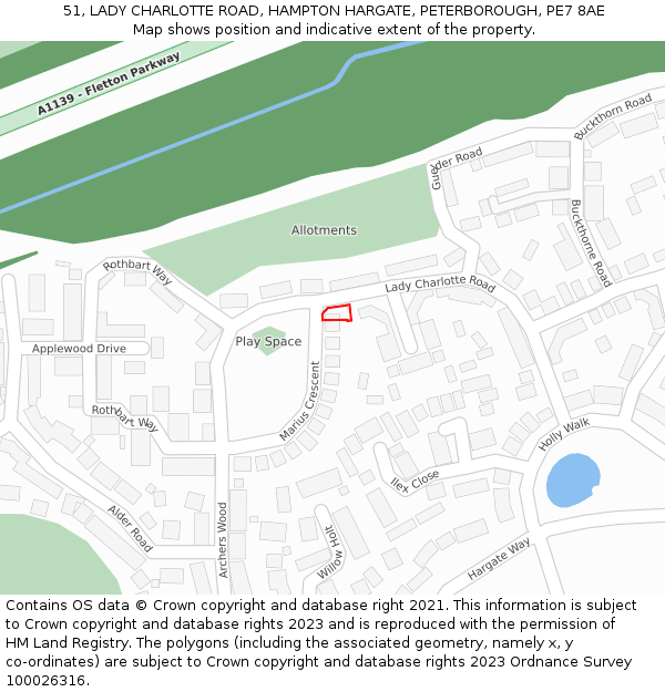 51, LADY CHARLOTTE ROAD, HAMPTON HARGATE, PETERBOROUGH, PE7 8AE: Location map and indicative extent of plot