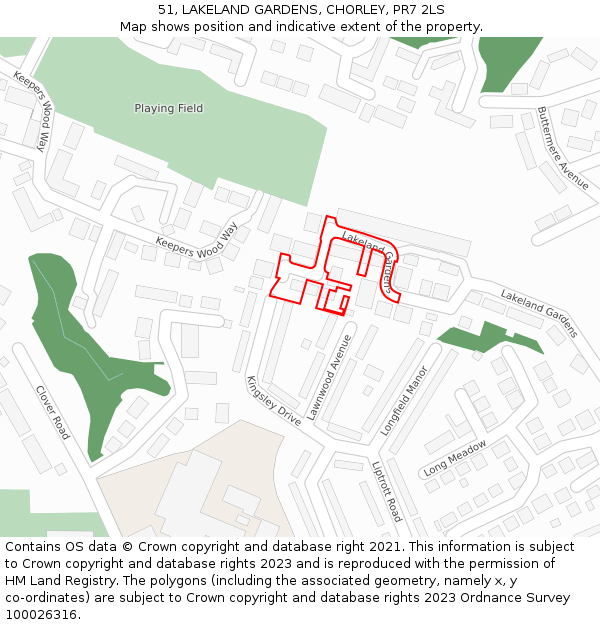 51, LAKELAND GARDENS, CHORLEY, PR7 2LS: Location map and indicative extent of plot