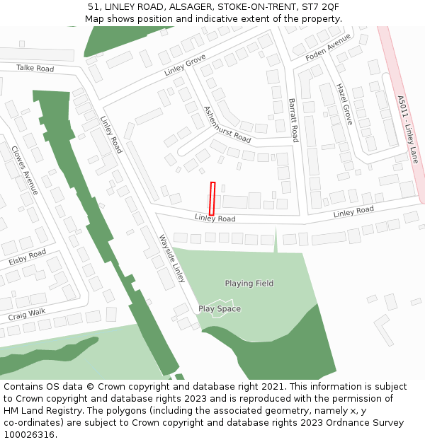 51, LINLEY ROAD, ALSAGER, STOKE-ON-TRENT, ST7 2QF: Location map and indicative extent of plot