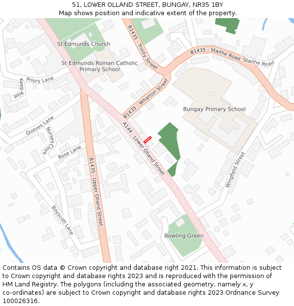 51, LOWER OLLAND STREET, BUNGAY, NR35 1BY: Location map and indicative extent of plot