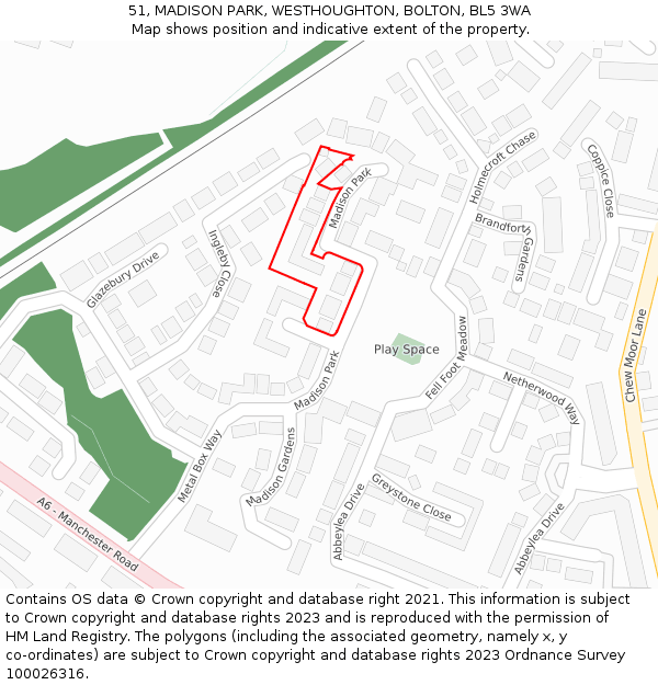 51, MADISON PARK, WESTHOUGHTON, BOLTON, BL5 3WA: Location map and indicative extent of plot