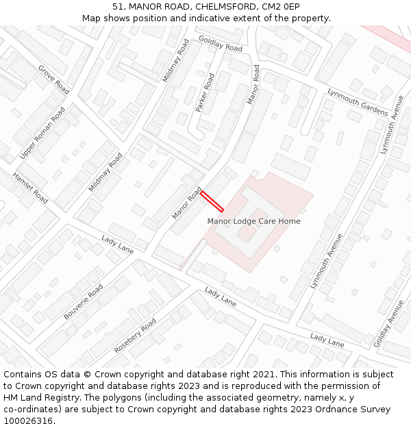 51, MANOR ROAD, CHELMSFORD, CM2 0EP: Location map and indicative extent of plot
