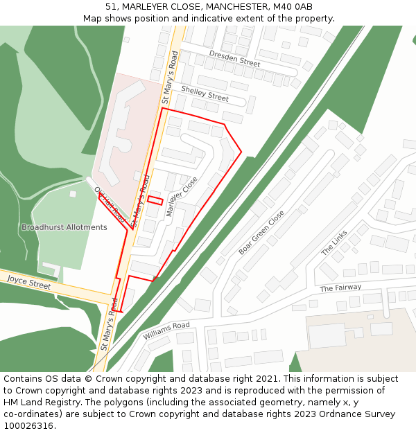 51, MARLEYER CLOSE, MANCHESTER, M40 0AB: Location map and indicative extent of plot