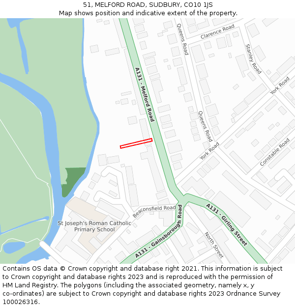 51, MELFORD ROAD, SUDBURY, CO10 1JS: Location map and indicative extent of plot