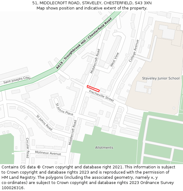 51, MIDDLECROFT ROAD, STAVELEY, CHESTERFIELD, S43 3XN: Location map and indicative extent of plot