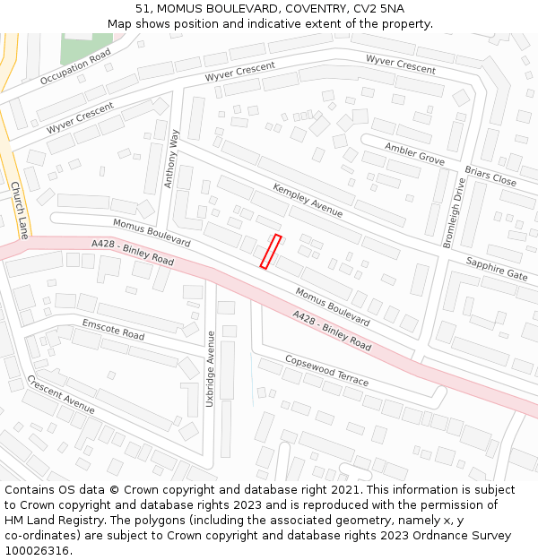 51, MOMUS BOULEVARD, COVENTRY, CV2 5NA: Location map and indicative extent of plot