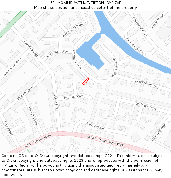 51, MONINS AVENUE, TIPTON, DY4 7XP: Location map and indicative extent of plot
