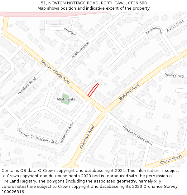 51, NEWTON NOTTAGE ROAD, PORTHCAWL, CF36 5RR: Location map and indicative extent of plot