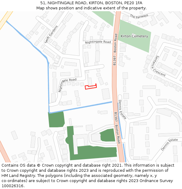 51, NIGHTINGALE ROAD, KIRTON, BOSTON, PE20 1FA: Location map and indicative extent of plot