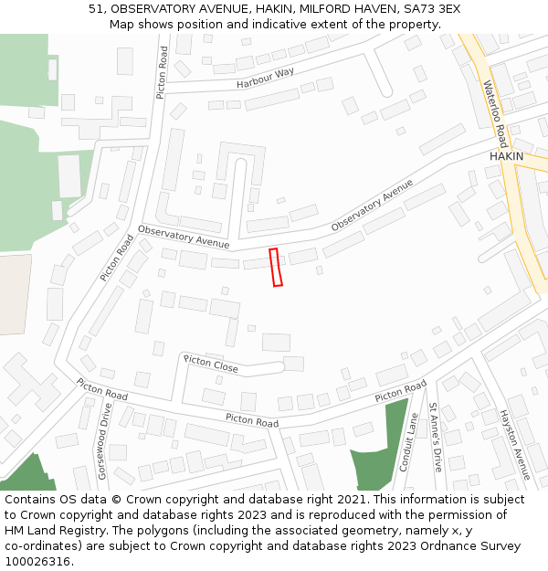 51, OBSERVATORY AVENUE, HAKIN, MILFORD HAVEN, SA73 3EX: Location map and indicative extent of plot