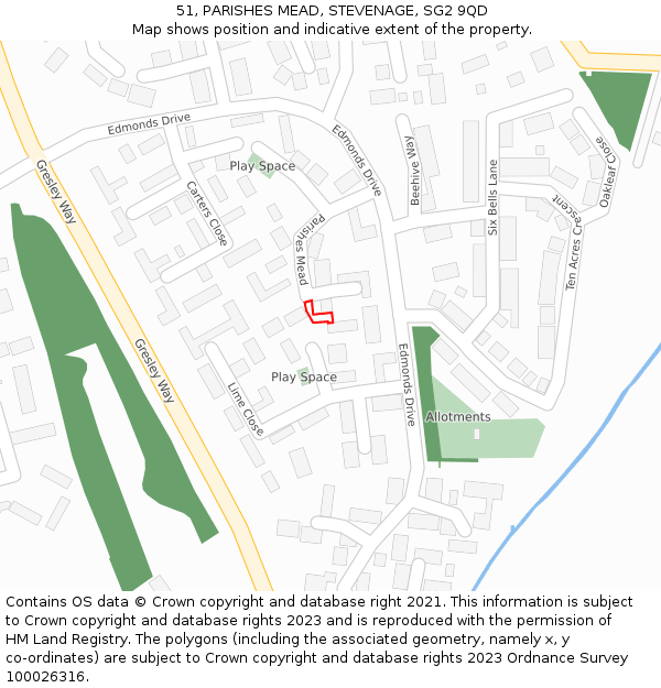 51, PARISHES MEAD, STEVENAGE, SG2 9QD: Location map and indicative extent of plot