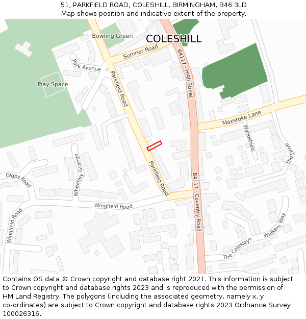 51, PARKFIELD ROAD, COLESHILL, BIRMINGHAM, B46 3LD: Location map and indicative extent of plot