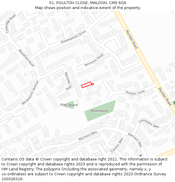 51, POULTON CLOSE, MALDON, CM9 6GA: Location map and indicative extent of plot