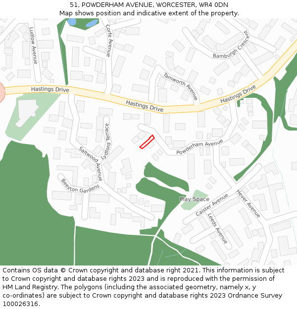 51, POWDERHAM AVENUE, WORCESTER, WR4 0DN: Location map and indicative extent of plot