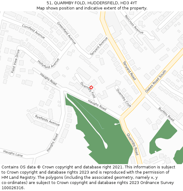 51, QUARMBY FOLD, HUDDERSFIELD, HD3 4YT: Location map and indicative extent of plot