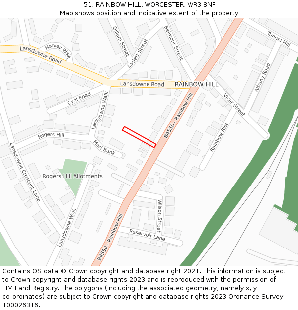 51, RAINBOW HILL, WORCESTER, WR3 8NF: Location map and indicative extent of plot