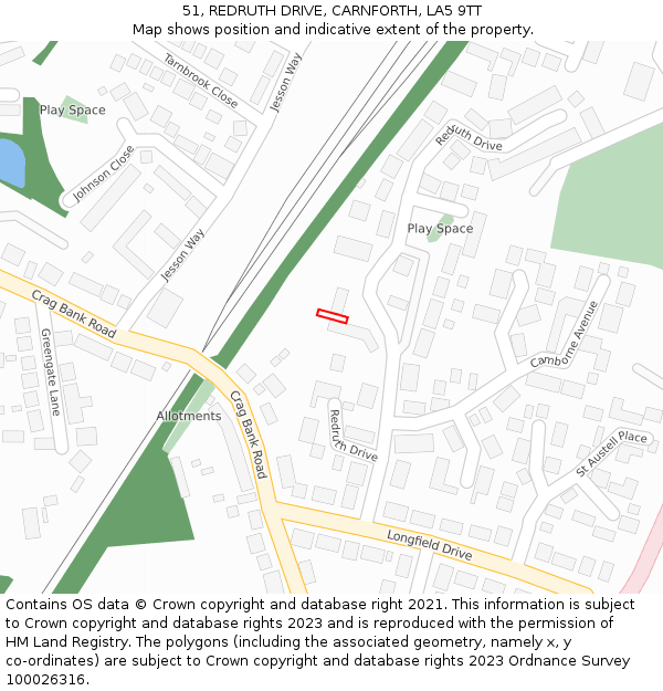 51, REDRUTH DRIVE, CARNFORTH, LA5 9TT: Location map and indicative extent of plot