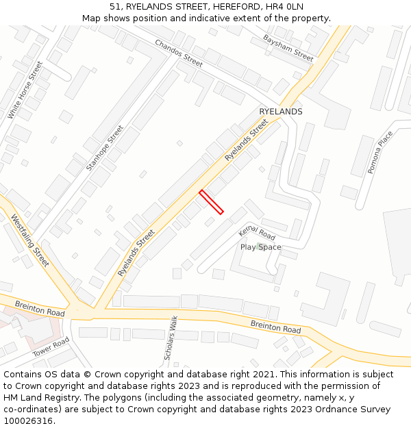 51, RYELANDS STREET, HEREFORD, HR4 0LN: Location map and indicative extent of plot