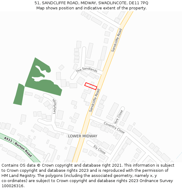51, SANDCLIFFE ROAD, MIDWAY, SWADLINCOTE, DE11 7PQ: Location map and indicative extent of plot