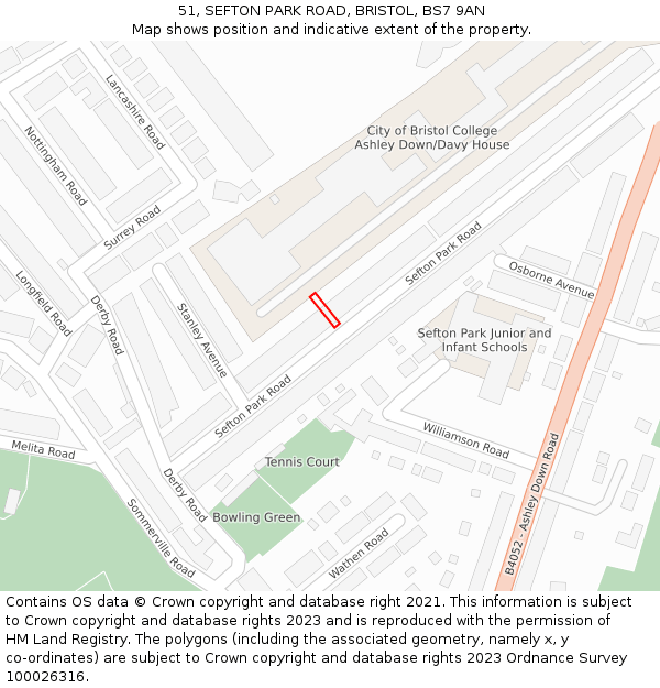 51, SEFTON PARK ROAD, BRISTOL, BS7 9AN: Location map and indicative extent of plot