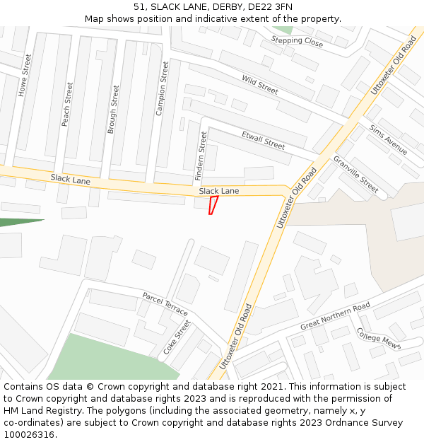 51, SLACK LANE, DERBY, DE22 3FN: Location map and indicative extent of plot