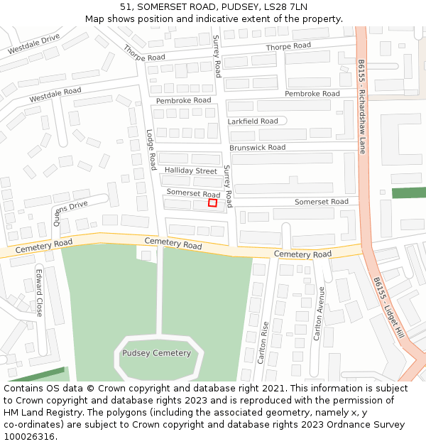 51, SOMERSET ROAD, PUDSEY, LS28 7LN: Location map and indicative extent of plot