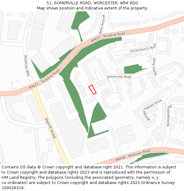 51, SOMERVILLE ROAD, WORCESTER, WR4 9QG: Location map and indicative extent of plot