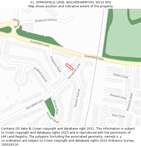 51, SPRINGFIELD LANE, WOLVERHAMPTON, WV10 6PG: Location map and indicative extent of plot