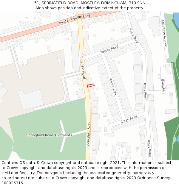 51, SPRINGFIELD ROAD, MOSELEY, BIRMINGHAM, B13 9NN: Location map and indicative extent of plot