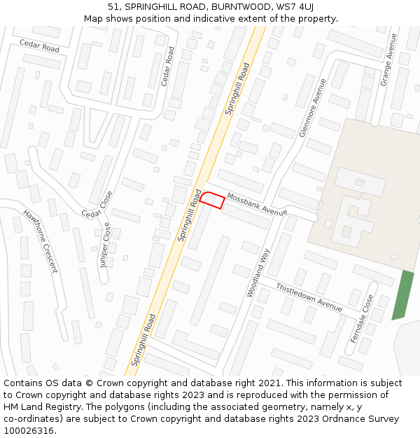 51, SPRINGHILL ROAD, BURNTWOOD, WS7 4UJ: Location map and indicative extent of plot