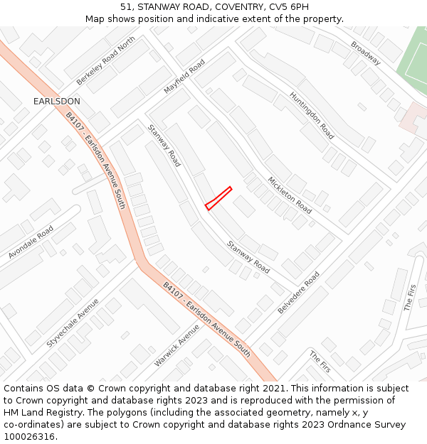 51, STANWAY ROAD, COVENTRY, CV5 6PH: Location map and indicative extent of plot