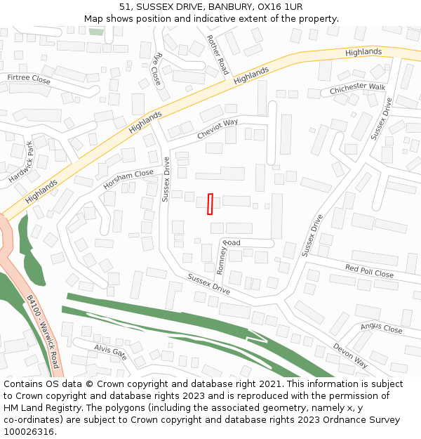 51, SUSSEX DRIVE, BANBURY, OX16 1UR: Location map and indicative extent of plot