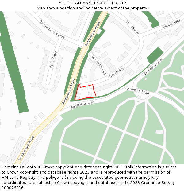 51, THE ALBANY, IPSWICH, IP4 2TP: Location map and indicative extent of plot