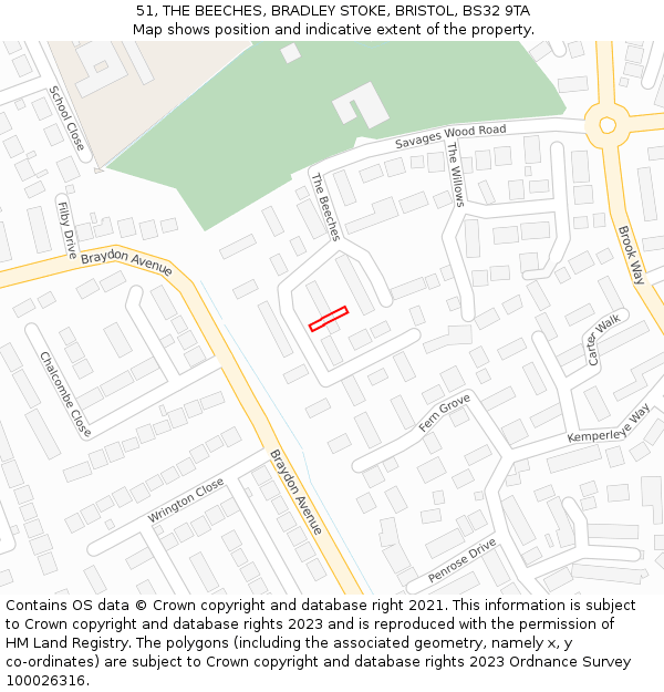 51, THE BEECHES, BRADLEY STOKE, BRISTOL, BS32 9TA: Location map and indicative extent of plot