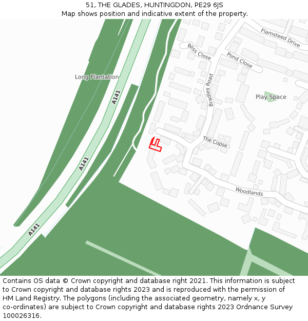51, THE GLADES, HUNTINGDON, PE29 6JS: Location map and indicative extent of plot