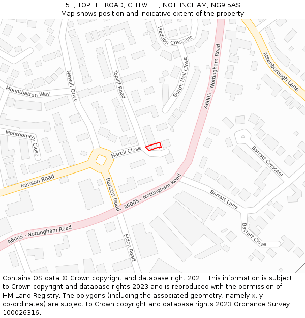 51, TOPLIFF ROAD, CHILWELL, NOTTINGHAM, NG9 5AS: Location map and indicative extent of plot