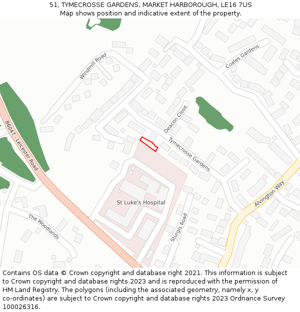 51, TYMECROSSE GARDENS, MARKET HARBOROUGH, LE16 7US: Location map and indicative extent of plot