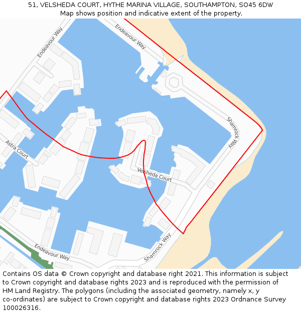 51, VELSHEDA COURT, HYTHE MARINA VILLAGE, SOUTHAMPTON, SO45 6DW: Location map and indicative extent of plot
