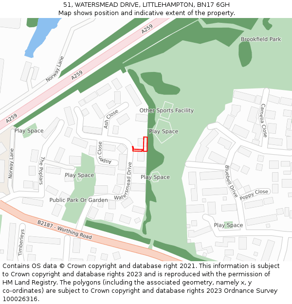 51, WATERSMEAD DRIVE, LITTLEHAMPTON, BN17 6GH: Location map and indicative extent of plot