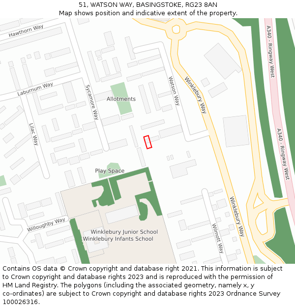 51, WATSON WAY, BASINGSTOKE, RG23 8AN: Location map and indicative extent of plot