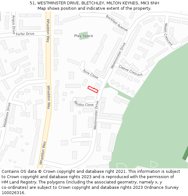 51, WESTMINSTER DRIVE, BLETCHLEY, MILTON KEYNES, MK3 6NH: Location map and indicative extent of plot