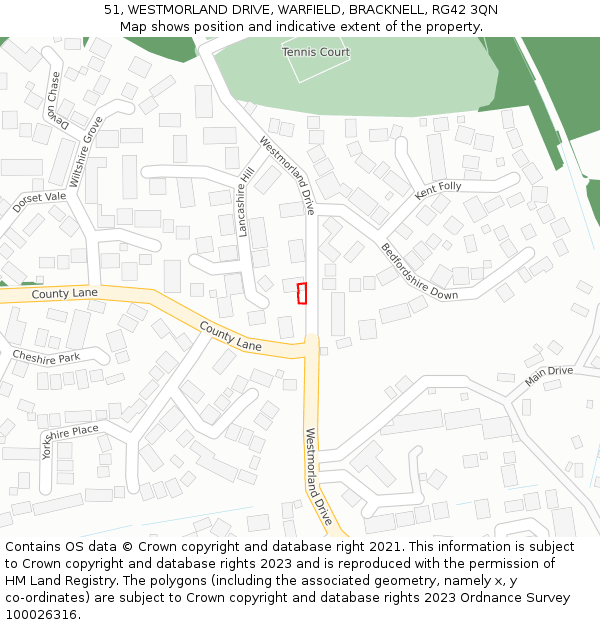 51, WESTMORLAND DRIVE, WARFIELD, BRACKNELL, RG42 3QN: Location map and indicative extent of plot