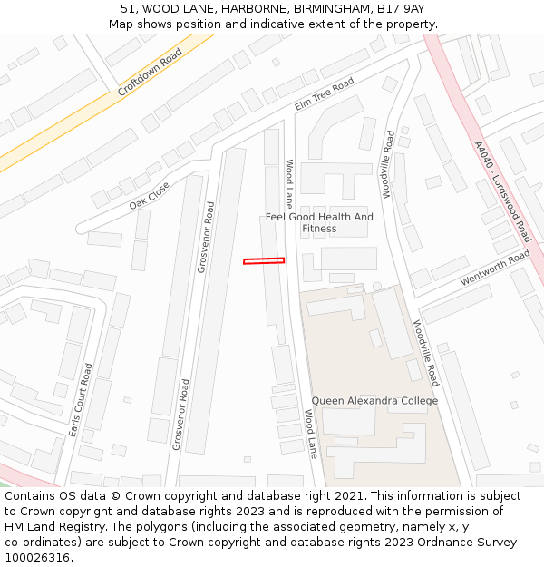 51, WOOD LANE, HARBORNE, BIRMINGHAM, B17 9AY: Location map and indicative extent of plot