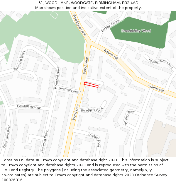 51, WOOD LANE, WOODGATE, BIRMINGHAM, B32 4AD: Location map and indicative extent of plot