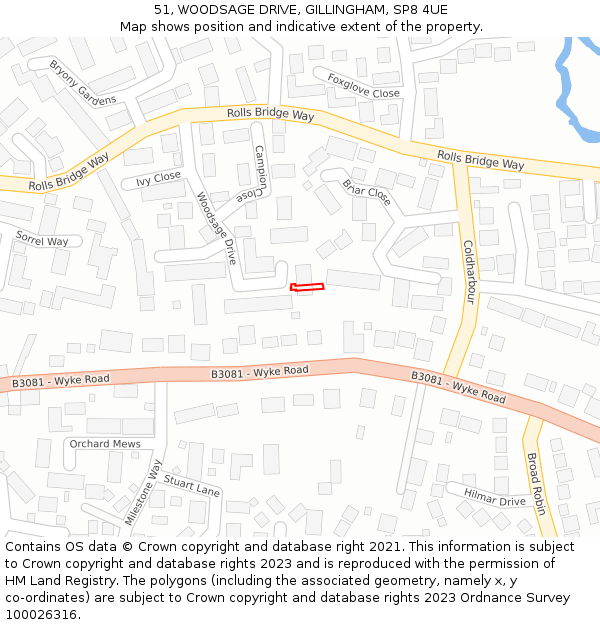 51, WOODSAGE DRIVE, GILLINGHAM, SP8 4UE: Location map and indicative extent of plot
