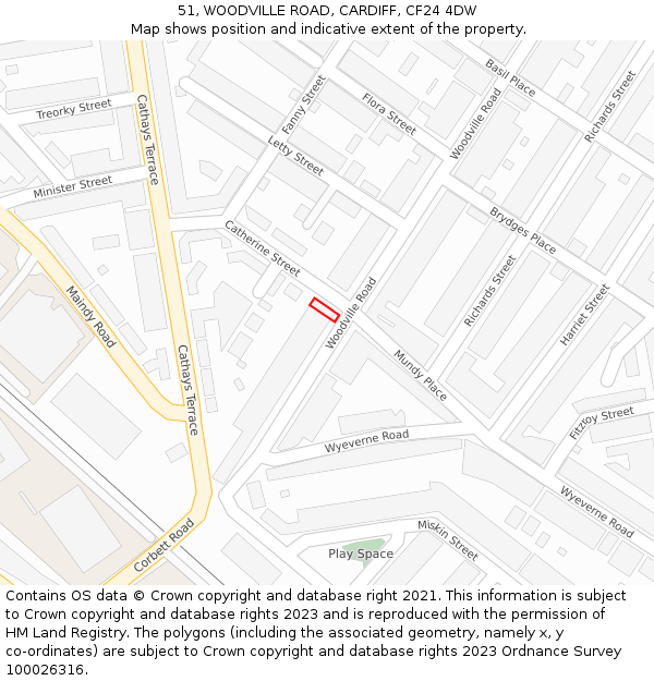 51, WOODVILLE ROAD, CARDIFF, CF24 4DW: Location map and indicative extent of plot